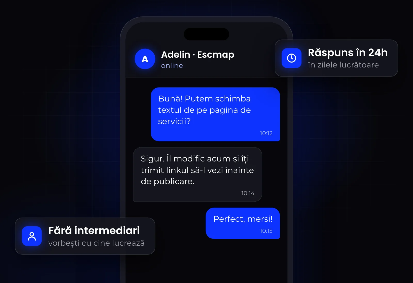 Persoană cu headset, în comunicare directă pe parcursul unui proiect